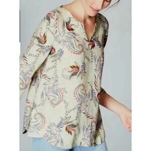 J Jill Love Linen Yellow Top Floral Paisley Tie Sleeve Coastal Cottage XS